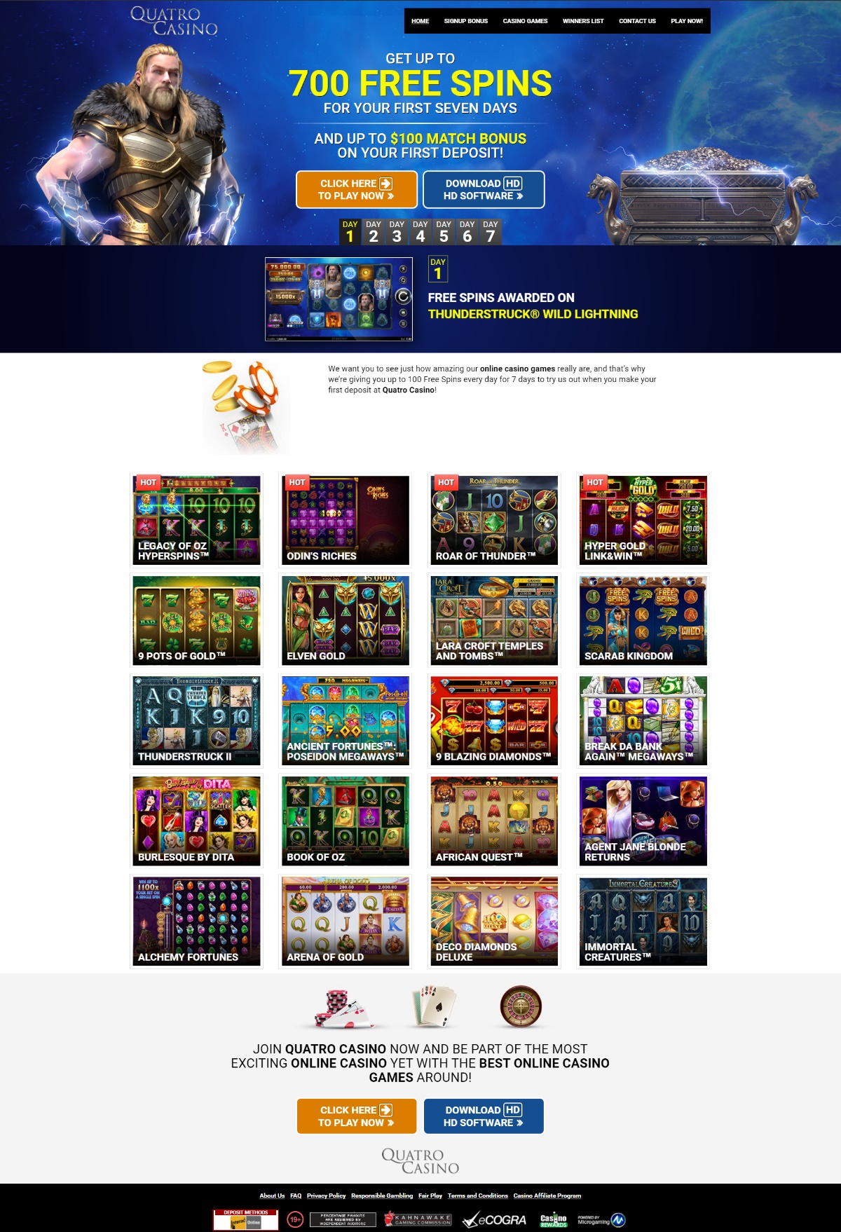 Get Free Spins for your first seven days and a Match Bonus on your first deposit at Quatro Casino! Quatro Casino want you to see just how amazing their online casino games really are, and that's why they're giving you up to 100 Free Spins every day for 7 days to try them out when you make your first deposit at Quatro Casino! What are you waiting for? Use your bonus to try out their exciting progressive jackpot slots including their Millionaire maker Mega Moolah, and a huge variety of other online casino games such as Slot Games, Blackjack, Roulette, Video Poker and of course many Progressive Slots! Only the best online casino games at Quatro Casino! With over 550 of the best online casino games to choose from, you are bound to find the ones to suit you at Quatro Casino. Let yourself be blown away by their amazing feature-rich graphics, their sheer variety and see your name on their latest winners' page!